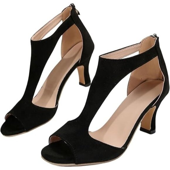 Women's black open toe mid heel sandals with zipper closure and cut out design. - Picture 1 of 9